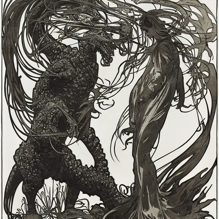 Image similar to Godzilla, Alphonse Mucha