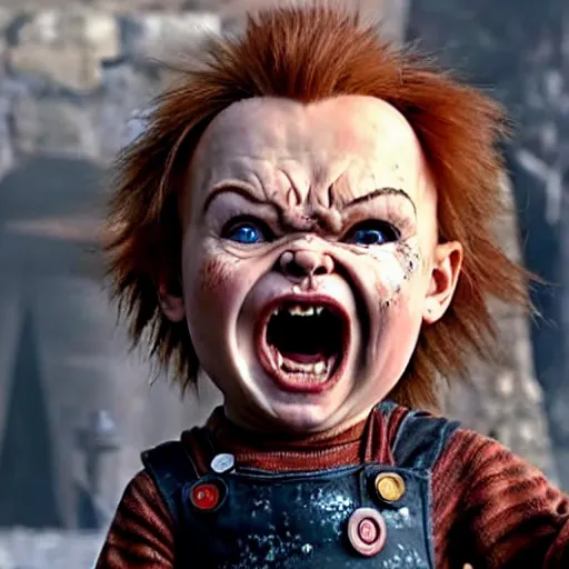 Image similar to chucky doll screaming while fighting the mountain in game of thrones