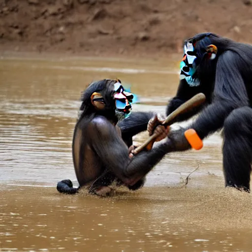 Image similar to chimpanzee fighting a tiger with a sledgehammer, phone recording,