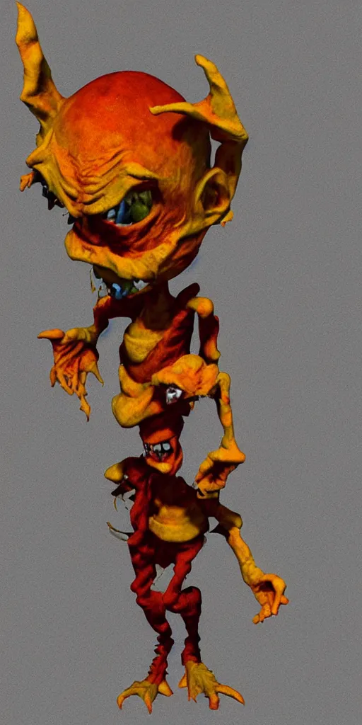 Image similar to 3d glitched malice yellow goblin doll in a street psx rendered early 90s net art n64