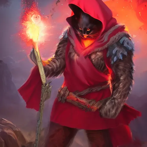 Prompt: cat Berserker, red glowing eyes, in magic armor, wearing red hoodie and torn cape, magic gathered in his chest, fire in background, D&D, fantasy, cinematic