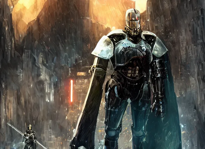 Image similar to medieval cyberpunk knight in a scenic cyberpunk environment, armor inspired by star wars and iron man, cybernetic implants, beautiful digital art, action pose, epic lighting, epic composition, sharp focus