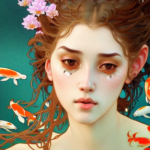 Image similar to Portrait of a girl surrounded by Koi fish, face, fantasy, intricate, elegant, highly detailed, digital painting, artstation, concept art, smooth, sharp focus, illustration, art by Tahir Tanis and Artem Demura and alphonse mucha