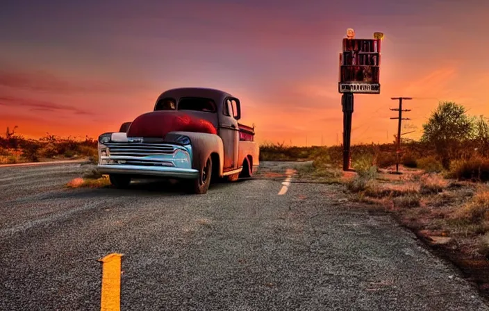 Image similar to A beautiful colorful evening scene of route66, old road with abandoned gas station and rusty old pickup truck, hyper realistic, blinding backlight evening sun, sparkling sun rays, epic scene, intense setting, evening vibe