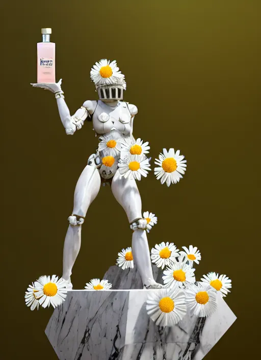 Prompt: biomechanical marble statue carrying a bottle of perfume covered in daisies, up close shot, sharp focus, global illumination, radiant light, alexandre ferra white mecha, irakli nadar, octane highly render, 4 k, ultra hd,