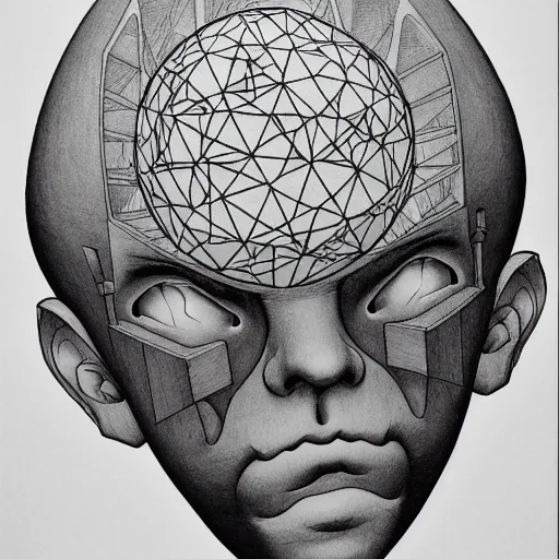 Image similar to prompt: Fragile looking vessel portrait face drawn by Katsuhiro Otomo, inspired by Escher, magical and alchemical objects on the side, soft light, white background, intricate detail, intricate ink painting detail, sharp high detail, manga and anime 2000