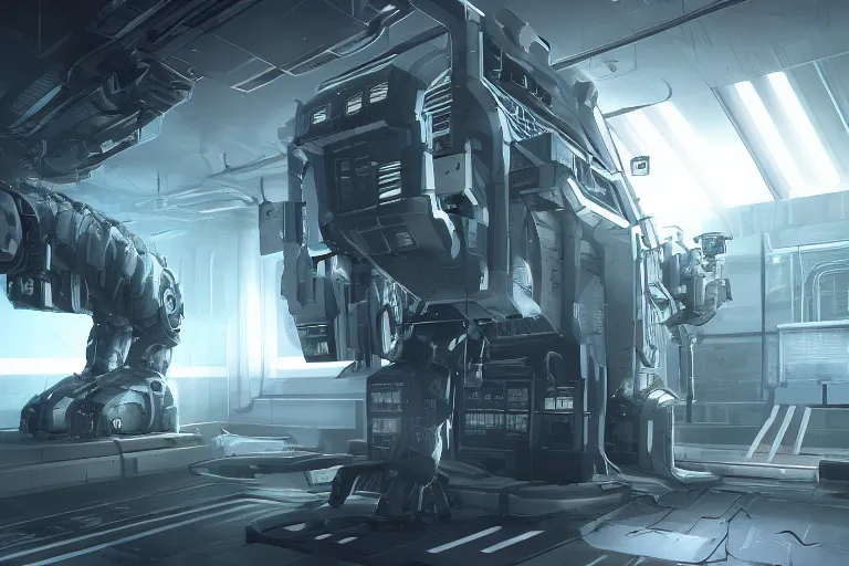 Image similar to parallax datacenter server room single mono colossus white rusty android robosaurus guard in artstation cinematic detailed concept art volumetric light sharp coherent cgsociety symmetric perfect server equipment