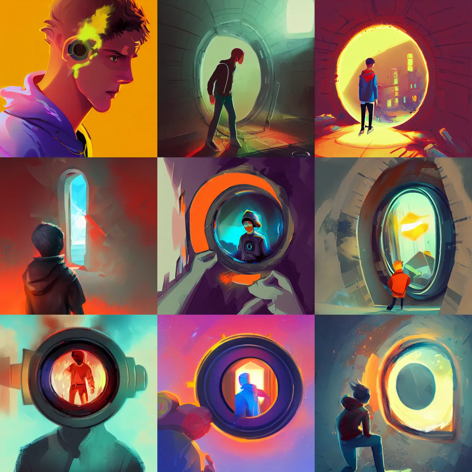 Prompt: through a peephole young man stepping out of an explosion, digital painting, concept art, hoodie, smooth, sharp focus, bright colors, illustration, artwork by viktoria gavrilenko