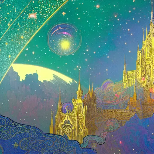 Image similar to a beautiful highly detailed digital art of colorful castle nebulas by, moebius, alphonse mucha, stars in the background, highly detailed, intricate design, cinematic view, 8 k resolution, trending on artstation