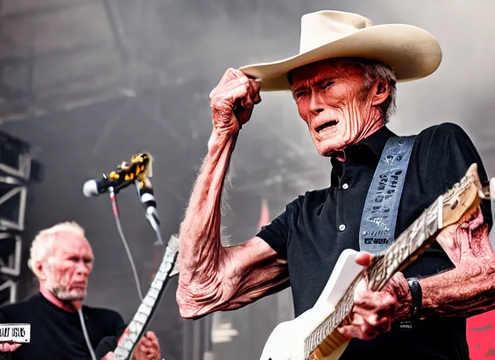 Prompt: photo still of clint eastwood on stage at vans warped tour!!!!!!!! at age 6 8 years old 6 8 years of age!!!!!!!! in a gran torino, 8 k, 8 5 mm f 1. 8, studio lighting, rim light, right side key light