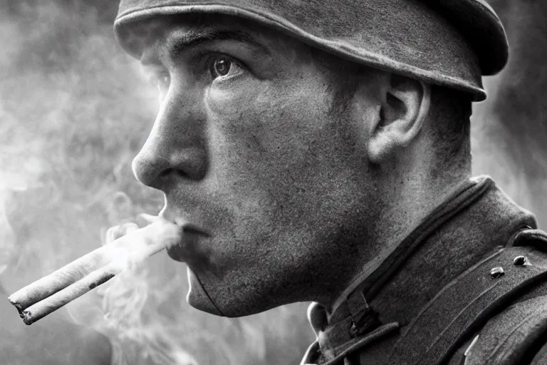 Prompt: jay baruchel smoking cigar, as world war 1 soldier in the trenches, cinematic lighting, high contrast, 4 k hdr imax cinematography by roger deakins, award winning shot, beautiful composition, principal photography, vfx action shot