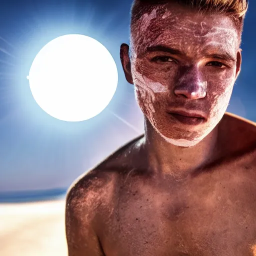 Image similar to a man with the oiliest skin possible, his skin is so bright it causes a lens flare and overexposes the picture