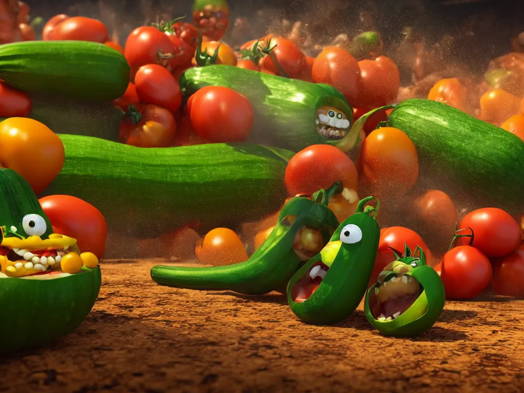 Prompt: highly detailed 3 d render of a raging mad angry zucchini character, guns blazing, dirt road showdown, wimpy tomates scattered everywhere, high speed action, explosions, dramatic scene, hyper realistic octane render, cinematic lighting, tomato splatter, deviantart, black sky, lowbrow, surrealism, pixar still, mayhem