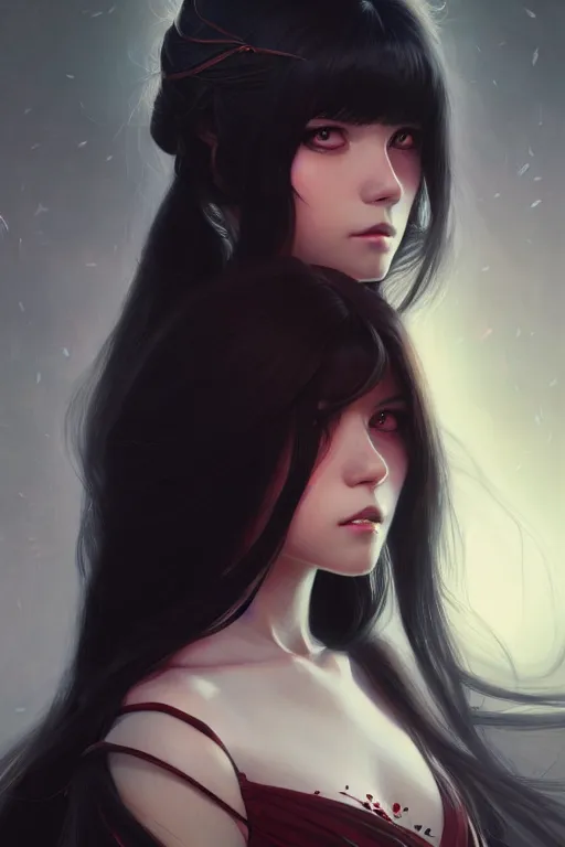 Image similar to a beautiful girl with long black hair and red eyes, fantasy, sharp focus, intricate, elegant, digital painting, artstation, matte, highly detailed, ambient lighting, portrait by Studio Ghibli, Rossdraws, artgerm, Ilya Kuvshinov, and Greg Rutkowski