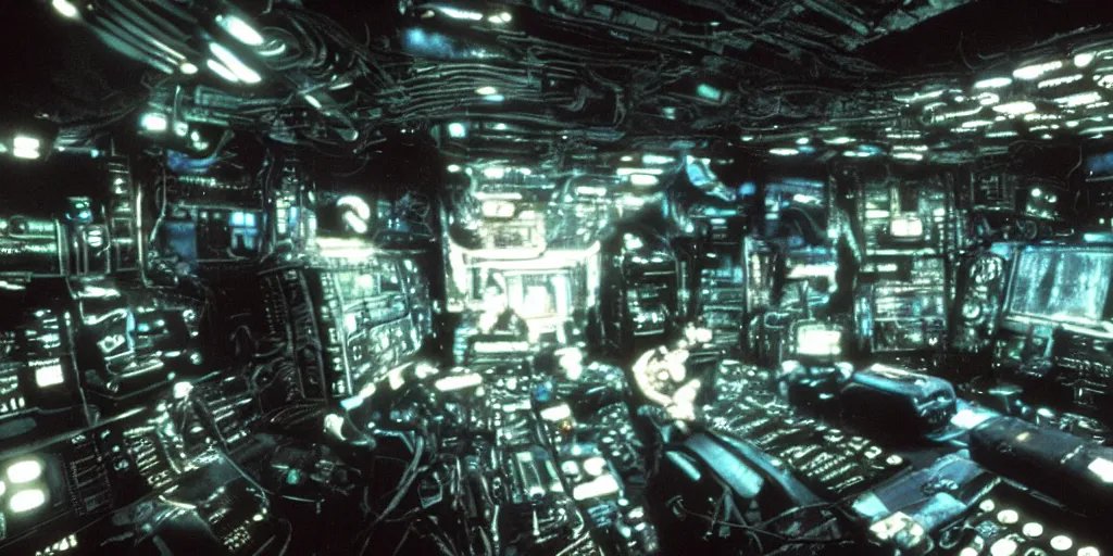 Image similar to a CLOSE UP shot of A command deck computers of Nostromo Aliens ship by Ridley Scott, Aliens movie, grainy, moody, dark, bleak