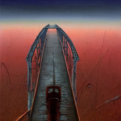 Prompt: A beautiful painting of A bridge over a plain by Zdzisław Beksiński and Ilya Repin,In style of Post-Apocalyptic.digital art, illustration,hyper detailed,smooth, sharp focus,trending on artstation,oil on the canvas,4k