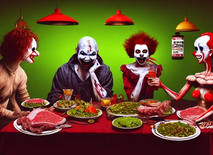 Prompt: hyper realistic detailed image of last supper of athletic pepe the frog and vampire clown couple in old restaurant with raw meat dishes and various drinks, pennywise makeup, by ayami kojima, amano, beeple, greg hildebrandt, and mark brooks, mystical, rich deep colors, cinematic light, long cinematic shot, extremely detailed, very coherent symmetrical artwork, 8 k