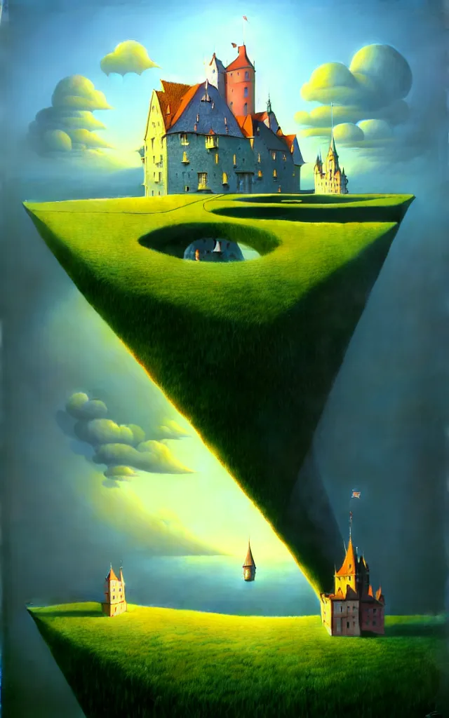 Prompt: gediminas pranckevicius an oil on canvas portrait painting of world castle happy place, volumetric light godray, surrealism, surrealist, impossible geometry, rob gonsalves, high detail fantastic