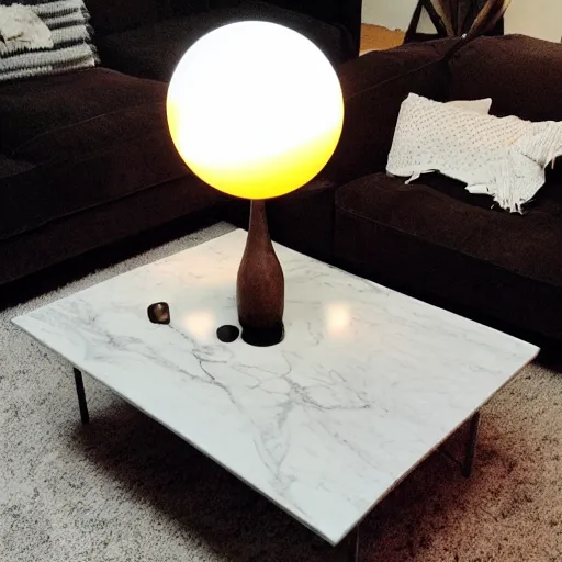 Prompt: a living room illuminated by a glowing orb placed on the coffee table