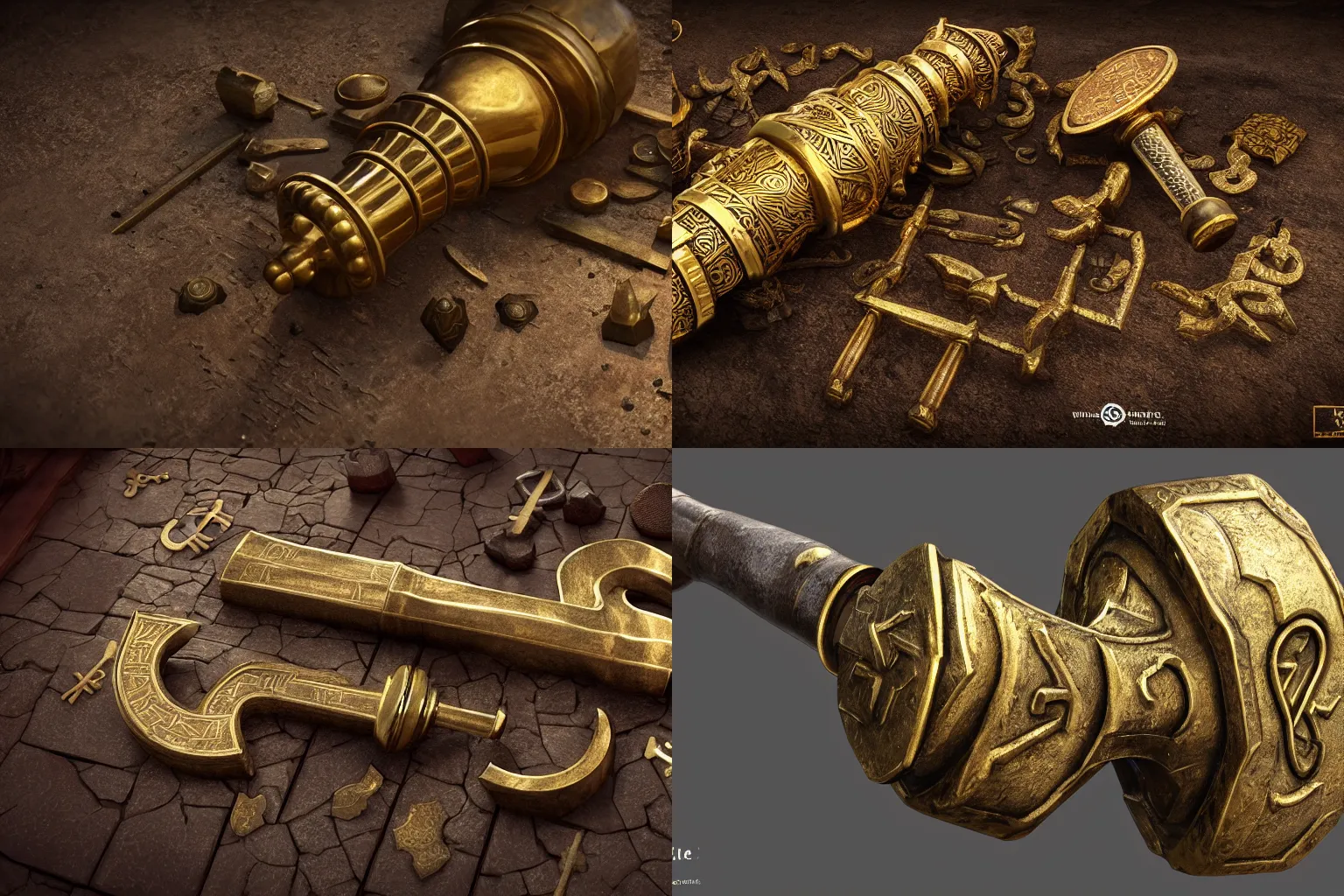Prompt: a finely crafted brass warhammer with dwarven runes | concept art, hyperrealistic, 8K, octane render, unreal engine 5