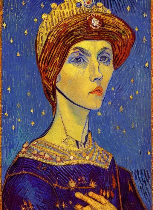 Prompt: !! portrait of a byzantine empress!! by van gogh, detailed face expressionist oil painting masterpiece, 8 k resolution, smooth, sharp focus, pastel color palette, trending on artstation