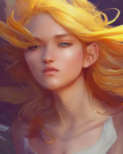 Image similar to a beautiful sun goddess, flowy yellow golden hair, sun, summer, cinematic lighting, highly detailed, digital painting, trending on artstation, pixiv, concept art, sharp focus, illustration, art by ross tran and wlop