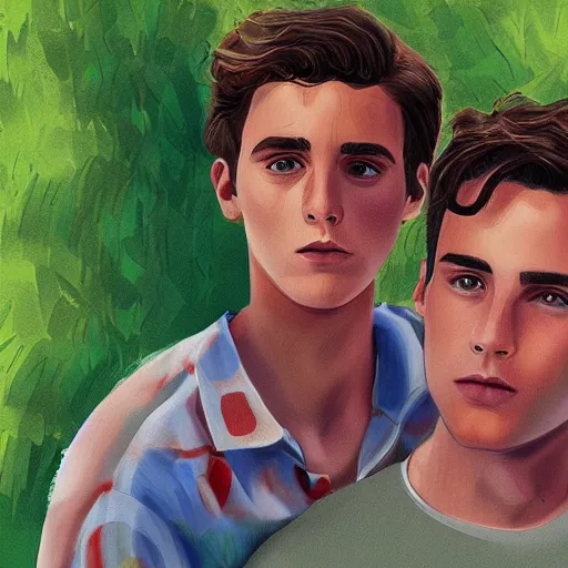 Prompt: call me by your name digital art, two boys in italy