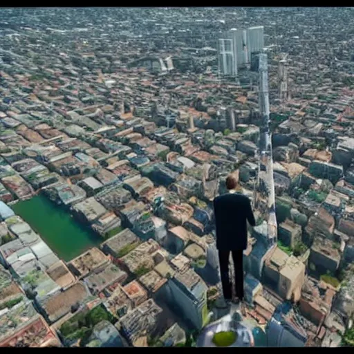 Prompt: drone footage of the world's tallest man