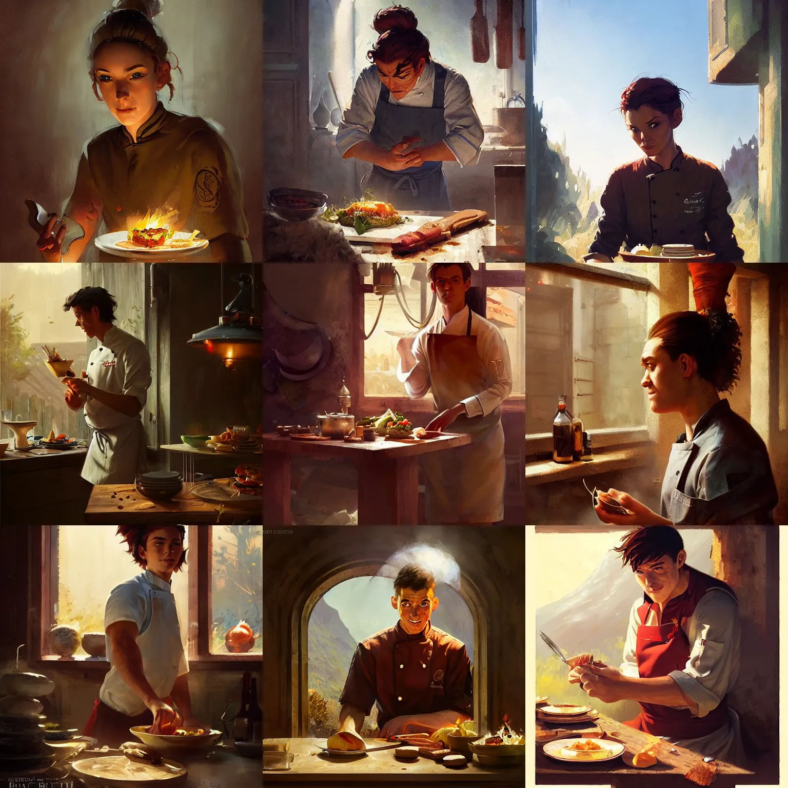 Prompt: a portrait of a young adult chef character in a scenic kitchen environment by marco bucci and greg rutkowski and frank frazetta, sharp focus, detailed, cinematic