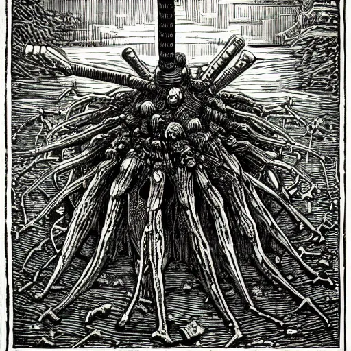 Image similar to bacteriophage woodcut by gustave dore, artstation