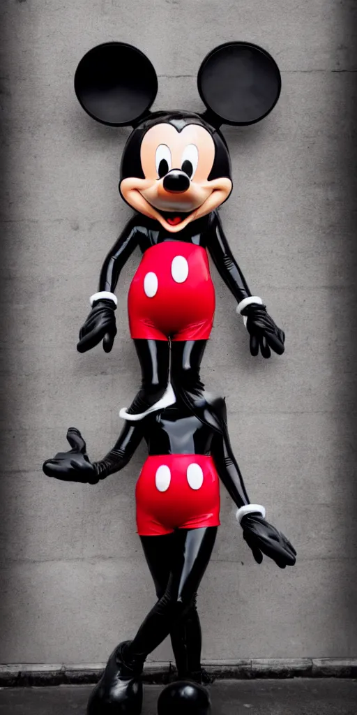 Image similar to photographic shot of mickey mouse wearing a latex outfit in front of berghain, berlin style, photography by sven marquardt, highly detailed, photorealistic, 4 k