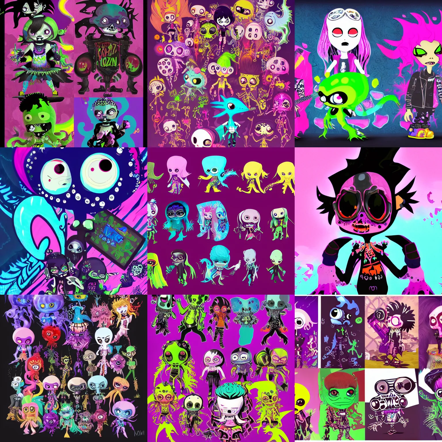 Prompt: CGI lisa frank gothic punk vampiric rockstar underwater caustics vampire squid character designs of various shapes and sizes by genndy tartakovsky and ruby gloom by martin hsu and the creators of fret nice at pieces interactive and splatoon by nintendo and psychonauts by doublefines tim shafer being overseen by Jamie Hewlett from gorillaz for splatoon by nintendo