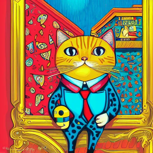 Prompt: colorful illustration of funny cat in the yellow tuxedo and red tie by jeremiah ketner and dan mumford