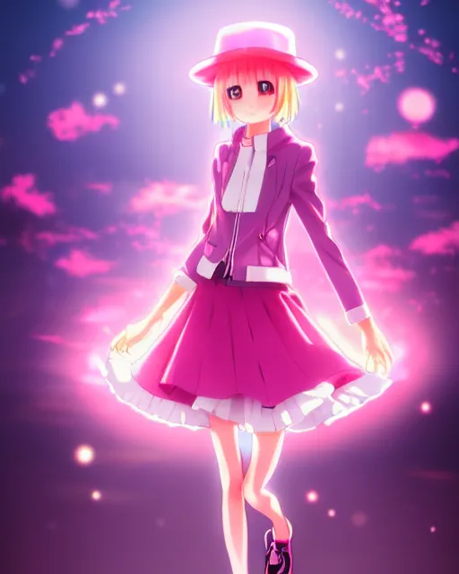 Image similar to anime style, vivid, expressive, full body, 4 k, painting, a cute magical girl with a short pink hair, pink fedora hat and pink jacket, stunning, realistic light and shadow effects, centered, simple background, studio ghibly makoto shinkai yuji yamaguchi