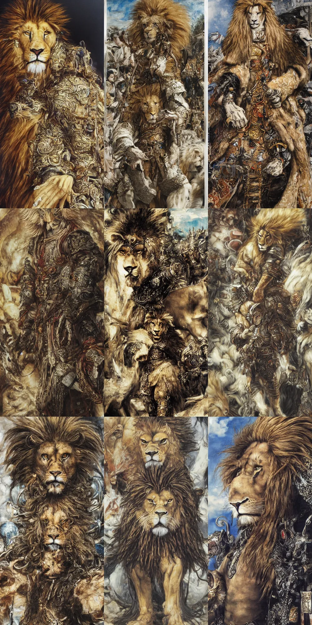 Image similar to 8 k yoshitaka amano painting of upper body of a young cool looking lion beastman with white mane at a medieval market at windy day. depth of field. he is wearing complex fantasy clothing. he has huge paws. renaissance style lighting.