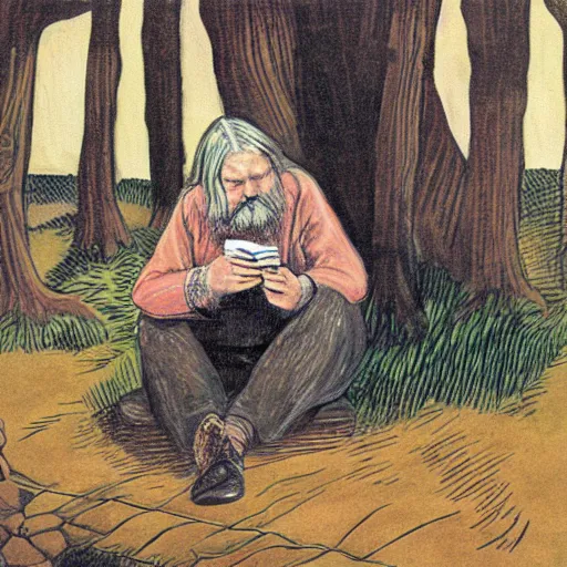 Image similar to robert wyatt sitting on the ground, reading a book to some goblins, artwork