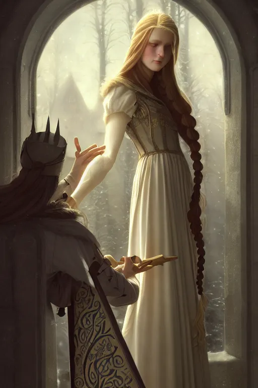 Image similar to nostalgia for a fairytale, nordic, ice, medieval maiden, long hair, tall and thin, illustration, dramatic lighting, soft details, painting, art nouveau, octane render, 8 k, hd, by edmund blair leighton, brom, charlie bowater, faces by otto schmidt