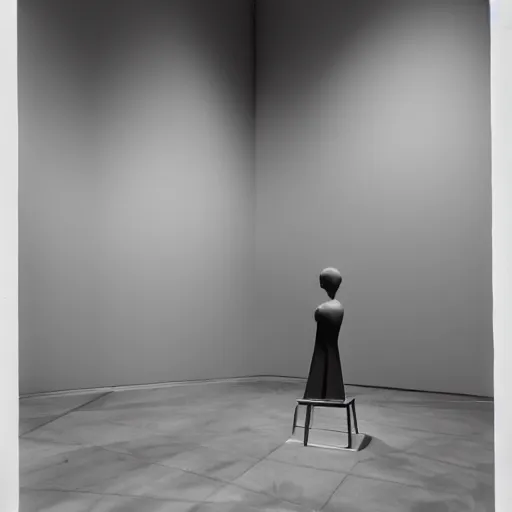 Prompt: single clay museum sculpture, no pedestal, symbolic representation of restraint, in a large hall, ambient lighting, single bright spotlight, black - and - white museum catalog photograph