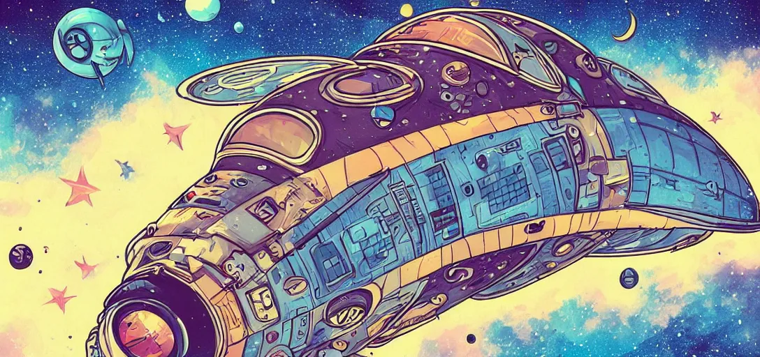 Image similar to Space capsule above the sky in the graphic style of Tim Shumate, detailed art, trending on Artstation, sharp focus, comic art