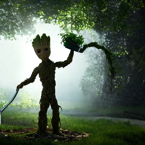Image similar to photorealistic shot of Groot watering The earth with a watering can, octane render, unreal engine 4k, volumetric light, fog, detailed,