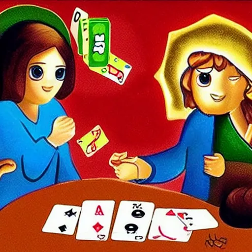 Image similar to jesus child playing uno with devil child, cute art work