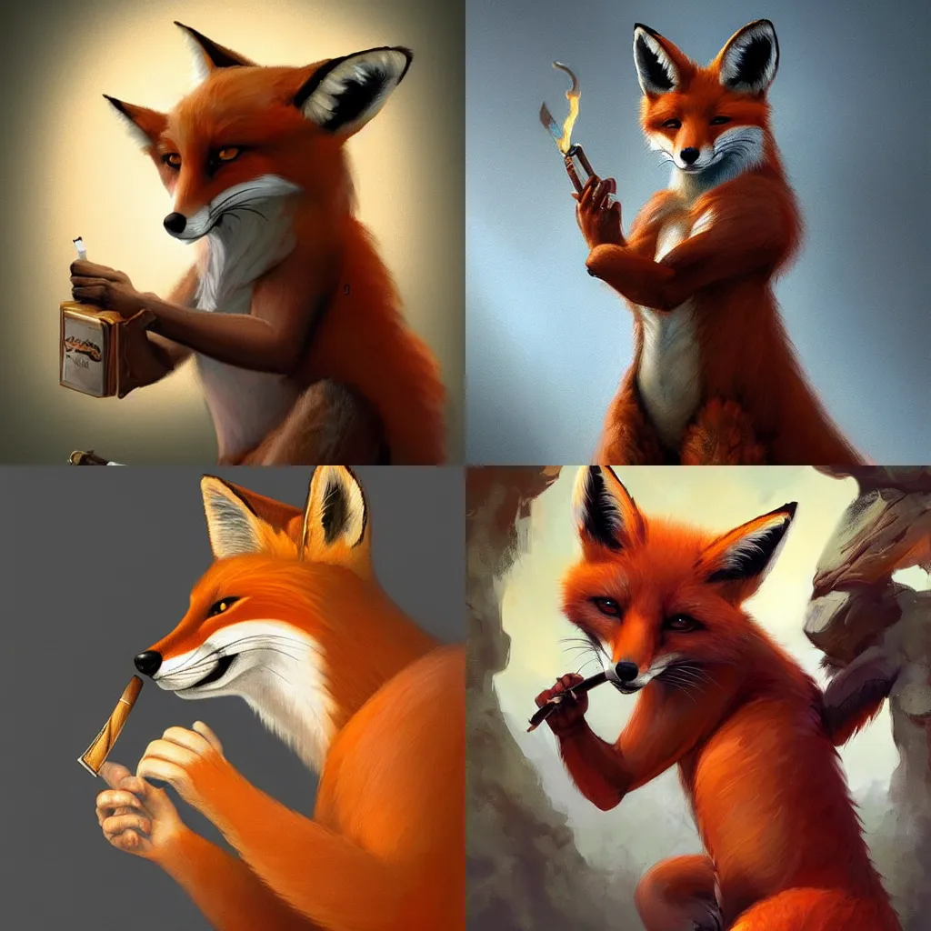 Prompt: A digital painting of a Fox holding a cigarre in its paws , by Stanley Artgerm Lau, frank frazetta, Rossdraws, James Jean, gerald brom, Andrei Riabovitchev, Marc Simonetti, and Sakimichan, trending on artstation, SFW version