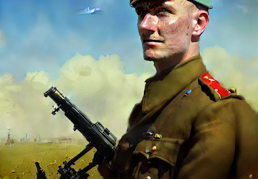 Prompt: portrait of a british army officer, first world war, blue sky, 2 0 th century, sunny, detailed, volumetric, cinematic lighting, realistic, digital art by greg rutkowski