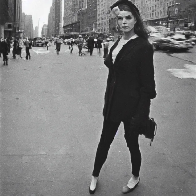 Image similar to street photography portrait of a woman in new york from the year 1 9 6 0, ultra - detailed hyper - realistic, photographed on damaged film