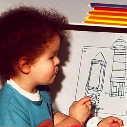 Image similar to Baby Albert Einstein making a crayon drawing of plans for a rocket