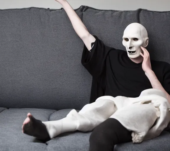 Image similar to Voldemort watching a twitch stream in a sofa, photoshoot