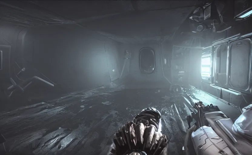 Image similar to in - game screenshot, horror game, astronaut, cosmic horror, inside spaceship, unreal engine 5, ultra, third person