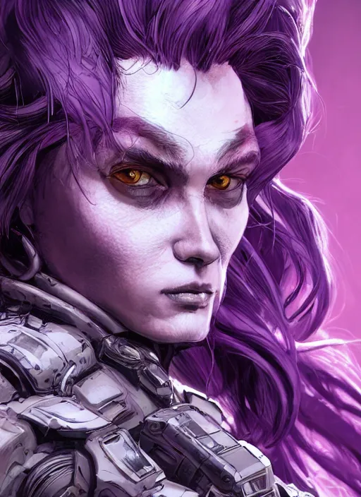 Image similar to close up portrait of a pale woman in sci - fi power armor with purple hair, powerful, domineering, stoic, intense, ultrafine hyperdetailed illustration by kim jung gi, irakli nadar, intricate linework, sharp focus, disco elysium, yoji shinkawa, highly rendered, detailed, concept art