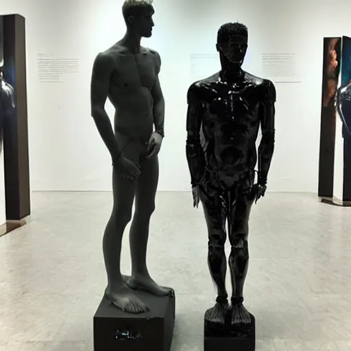 Image similar to “ a realistic detailed photo of a guy who is an attractive humanoid who is half robot and half humanoid, who is a male android, actor liam hemsworth, shiny skin, posing like a statue, blank stare, at the museum, on display ”