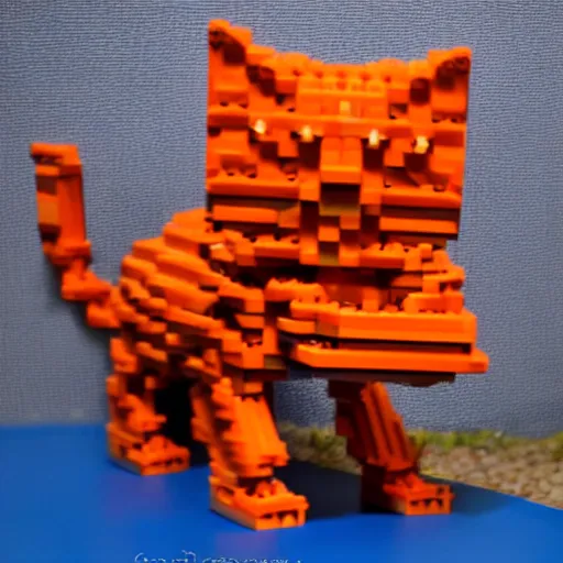 Image similar to smiling orange scratch cat walking, intricate LEGO sculpture by master builder,